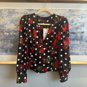 Zara Satin-Feel Polka Dot and Floral Blouse
